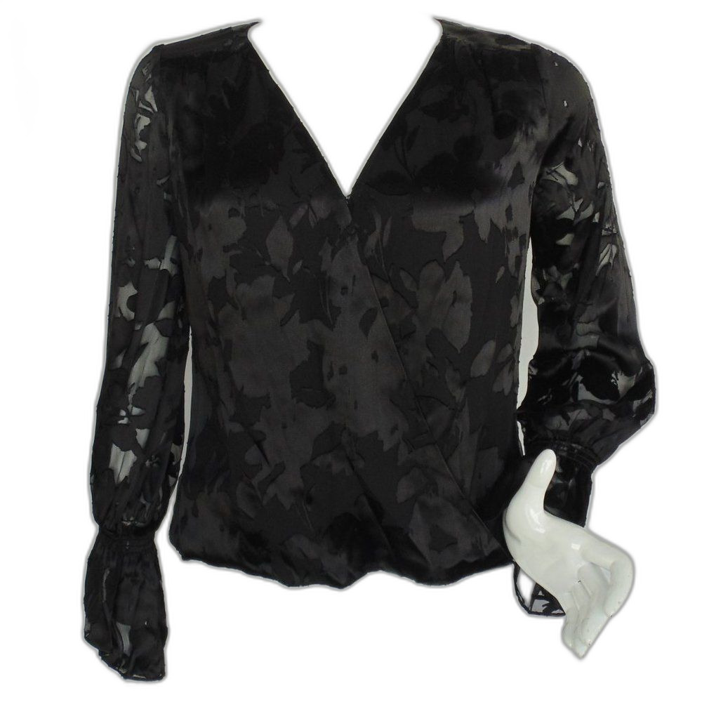 new WHBM Silk-Blend Blouse, 2, Floral Burnout, Long sleeve, Bell cuff, Black